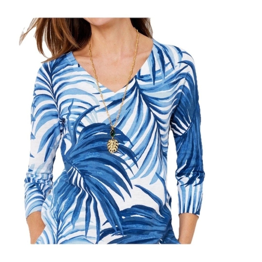 Talbots V Neck Pullover V Neck Soft Thin Sweater Top Watercolor Palm Leaves S